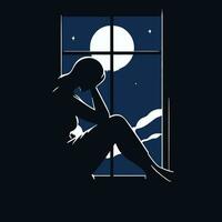 Vector illustration of a silhouette of a woman sitting by the window.