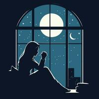 Woman praying in front of the window at night. Vector illustration.