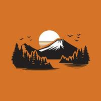 Mountain and lake. Vector illustration on orange background. Design element.