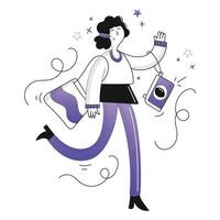 illustration of a girl dancing and listening to music on a white background vector