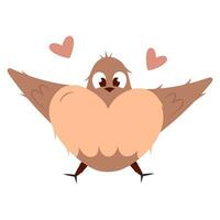 Hand draw single Valentine's day bird with hearts. Peach fuzz, pink and red colors. Vector illustration isolated on white background.Doodle style. For postcards, wrapping, banners and package.