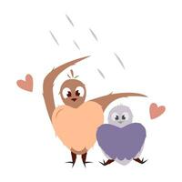 Hand draw two bird with heart under the rain. Valentine's day illustration. Peach fuzz, pink, brown, purple and red colors. Vector illustration isolated on white background.Doodle style.