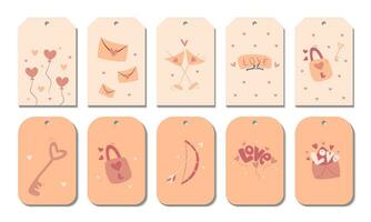 Set of hand draw valentine labels,badge isolated on white.Heart balloon, letter,envelope, martini glasses, key and lock, bow and arrow, love.Tag in doodle style. Peach fuzz,beige, pink and red colors. vector