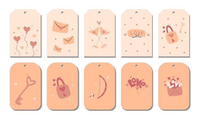 Set of hand draw valentine labels,badge isolated on white.Heart balloon, letter,envelope, martini glasses, key and lock, bow and arrow, love.Tag in doodle style. Peach fuzz,beige, pink and red colors.