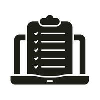Checklist On Clipboard In Computer Silhouette Icon. Online Test Symbol. Questionnaire List On Laptop Glyph Pictogram. Application Form Solid Sign. Isolated Vector Illustration.