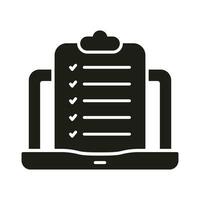 Checklist On Clipboard In Computer Silhouette Icon. Online Test Symbol. Questionnaire List On Laptop Glyph Pictogram. Application Form Solid Sign. Isolated Vector Illustration.