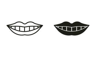 Healthy Human Smile Silhouette and Line Icons Set. Beauty Lips and White Teeth Pictogram. Oral Care, Mouth with Teeth, Dental Treatment Symbol Collection. Dentistry Sign. Isolated Vector Illustration.