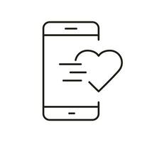 Like Button In Social Media App Line Icon. Smartphone With Heart Shape Linear Pictogram. Notification Outline Symbol. Online Communication Sign. Editable Stroke. Isolated Vector Illustration.