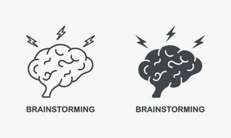 Brainstorm Silhouette and Line Icon Set. Think about Creative Idea Pictogram. Human Brain with Lightning, Brainstorming Concept Symbol Collection. Intellectual Process. Isolated Vector Illustration.