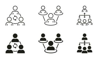 Team Organization Line and Silhouette Icon Set. Leadership And Teamwork Pictogram. Work Group Symbol Collection. Job Hierarchy, Corporate Staff Sign. Isolated Vector Illustration.