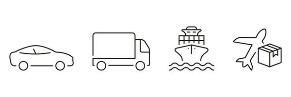 Transport Mode For Delivery Line Icon Set. Shipping Vehicle Symbol Collection. Car, Truck, Ship, Airplane Linear Pictogram. Shipment Outline Sign. Editable Stroke. Isolated Vector Illustration.