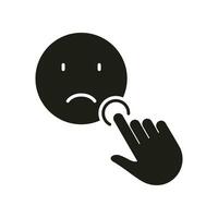 Negative Client Feedback Silhouette Icon. Social Media App Ranking Solid Sign. Cursor Click On A Sad Face Emoticon Glyph Pictogram. Customer Satisfaction Symbol. Isolated Vector Illustration.