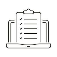 Clipboard With Checklist On Laptop Line Icon. Application Form Linear Pictogram. Questionnaire List Outline Symbol. Online Test On Computer Sign. Editable Stroke. Isolated Vector Illustration.