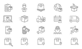 Logistic and Distribution Line Icon Set. Cargo Delivery Sign. Parcel Box Transportation Linear Pictogram. International Merchandise Outline Symbol. Editable Stroke. Isolated Vector Illustration.