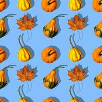 seamless pattern different pumpkins on a blue background photo