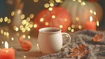 otoño acogedor composición. té en un taza, calabazas y velas foto