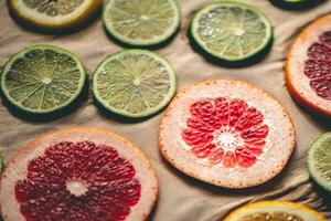 Sliced orange, tangerine and grapefruit slices on baking sheet, preparing citrus wedges for Christmas garland photo