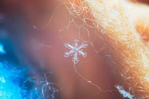 Macro photography. Beautiful snowflakes on the bristles in winter photo