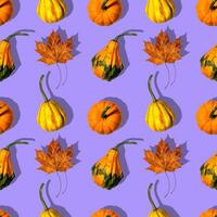 seamless pattern different pumpkins on a purple background photo