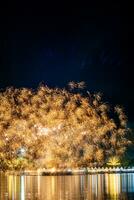 fireworks on the river in the dark sky photo