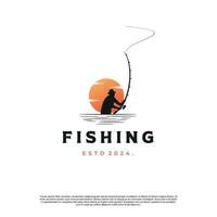 Fly fisherman fishing logo design silhouette vector