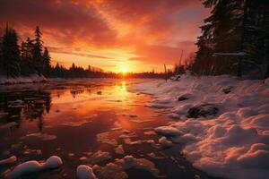 ai generado congelado lago puestas de sol - generativo ai foto