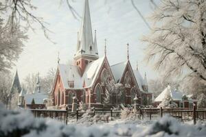 ai generado Iglesia campanarios en nieve - generativo ai foto