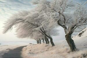 ai generado invierno azotado por el viento arboles - generativo ai foto