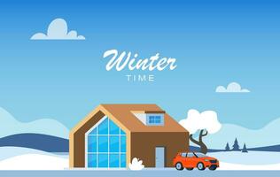 Winter landscape with big house. Winter holidays. Cute winter landscape for holiday banner. Lovely house in a snowy valley. Winter Cabin. Vector illustration.