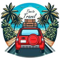 Time to Travel cartoon illustration a beach theme with moving car. Vector eps 10