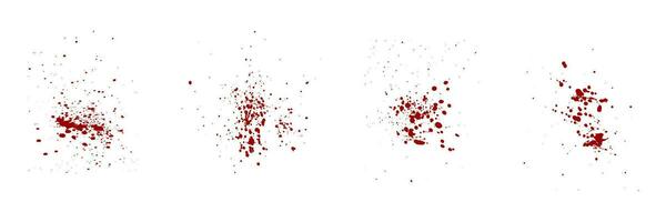 Splatter Set. Blood Stain Collection. Paint Brush Red Splat, Grunge Texture. Drop Spatter, Horror Bloodstain Splash, Ink Spray. Abstract Design on White Background. Isolated Vector Illustration.