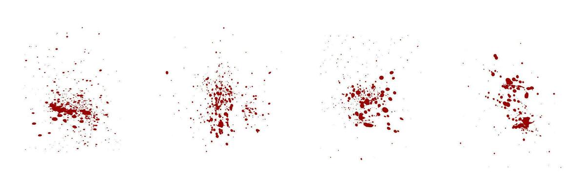 Splatter Set. Blood Stain Collection. Paint Brush Red Splat, Grunge Texture. Drop Spatter, Horror Bloodstain Splash, Ink Spray. Abstract Design on White Background. Isolated Vector Illustration.