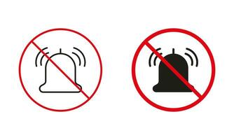 Silent Zone. No Loud Sound Allowed Warning Sign Set. Ring Bell Prohibit Line And Silhouette Icons. Please Turn Off Notification Red Circle Symbol. Isolated Vector Illustration.