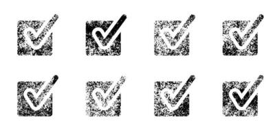 Check Mark Icon Set. Right Choice Rubber Stamp, Correct Symbol Collection. Ok Ink Sign. Grunge Checkmark In Checkbox Pictogram. Vote, Accept, Confirm Tick. Isolated Vector Illustration.