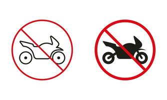 Not Motorcycle Sign. Restricted Motorbike Parking Zone. Bike Or Related Vehicles Can Not Pass Circle Symbol Set. Attention Prohibit Traffic Red Sign. Isolated Vector Illustration.