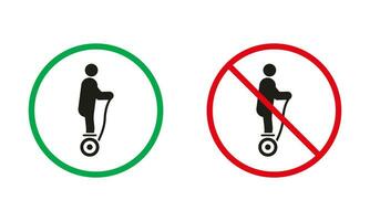 eléctrico monociclo hoverboard giroscopio rojo y verde señales. giroscopio scooter, monorrueda silueta íconos colocar. permitido y prohibido peligro transporte pictograma. aislado vector ilustración.