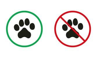 Pet Warning Sign. Entry With Animals Silhouette Icons Set. Walking With Dog Allowed, Paw Footprint Prohibited Symbol. Isolated Vector Illustration.