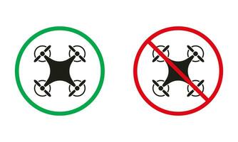 Drone Zone Warning Signs. Remote Control Quadcopter Silhouette Icons Set. Unmanned Camera Allowed, Aerial Camera Prohibited Symbols. Isolated Vector Illustration.