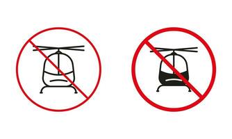 no permitido helicóptero la carretera signo. aire transporte prohibido circulo símbolo colocar. vuelo prohibir tráfico rojo signo. No aviación, helicóptero, fuselaje línea y silueta iconos aislado vector ilustración.