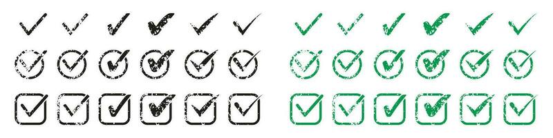 Check Mark Icon Set. Tick Black and Green Symbol Collection. Checkmark Rubber Stamp. Ok Pictogram. Right Choice Checkbox, Accept Grunge Sign. Confirm, Correct Icons. Isolated Vector Illustration.
