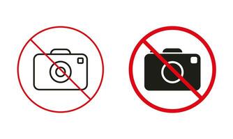 No Photo Area, Taking Pictures Not Allowed Warning Sign Set. Camera Capture Prohibit Line And Silhouette Icon. Camera In Red Circle Symbol. Not Photography. Isolated Vector Illustration.