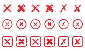 Cross Shape Silhouette Icon Set. Red Grunge Mark In Box And Circle Pictogram. Delete, Cancel, Reject, Ban Sign. Wrong Rubber Stamp. X Symbol Collection. Isolated Vector Illustration.