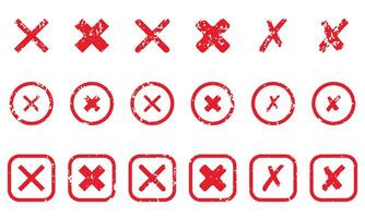 Cross Shape Silhouette Icon Set. Red Grunge Mark In Box And Circle Pictogram. Delete, Cancel, Reject, Ban Sign. Wrong Rubber Stamp. X Symbol Collection. Isolated Vector Illustration.