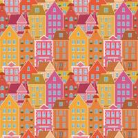 Seamless Scandinavian town pattern. Endless background with cute small houses. Repeating print of sweet homes in Nordic Scandi style. Repeatable texture. Colored flat vector illustration