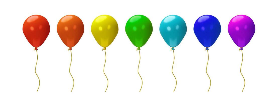 3D render colorful set of balloons for party. Realistic rainbow inflatable element for birthday, carnival, festival, celebrations, anniversary. Flying helium vector object template for greeting card.