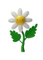 3D render daisy character. Vector illustration of summer flower mascot. Realistic emoticon fresh blossom. Fresh kawaii chamomile in clay style for kids. Botany funny plant element for bouquet.