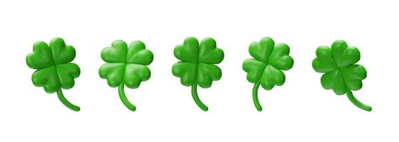 3D render set of clovers. Saint Patrick's Day symbol of luck. Green shamrock variation for celebration. Irish traditional objects in collection for holiday. Celtic vector spring floral plant.