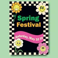 Spring Festival. Design for spring festival in retro groovy style. Design with spring flowers. Design sale for template, banners, wallpaper, flyers, invitation, posters, brochure, voucher discount. vector