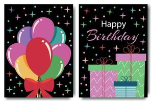 Happy birthday greeting card with balloons and confetti and gift. Abstract universal grunge artistic templates. For poster, business card, invitation, flyer, banner, email header vector