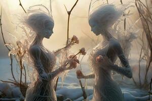 AI generated Graceful frost faeries, creating intricate ice sculptures in frozen landscapes - Generative AI photo